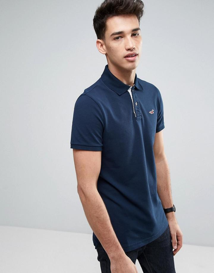Hollister Slim Fit Pique Polo Seagull Embroidery In Navy - Navy