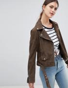 Lab Suede Biker Jacket In Khaki - Green