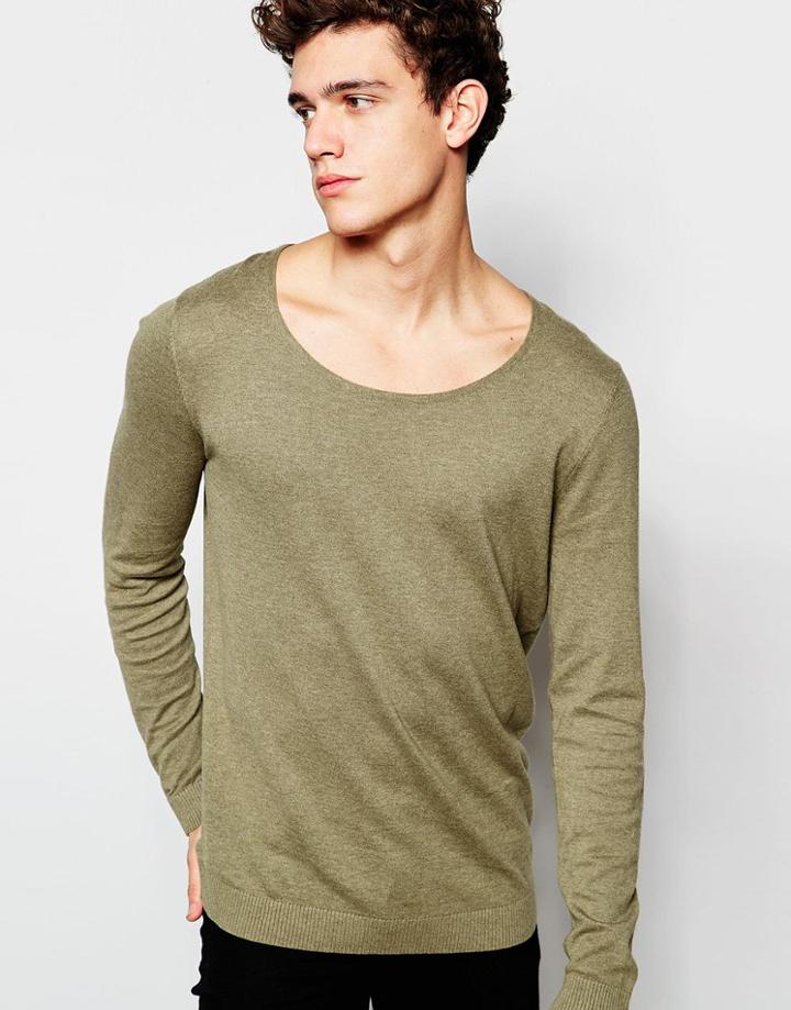 Asos Scoop Neck Jumper In Khaki Cotton - Khaki