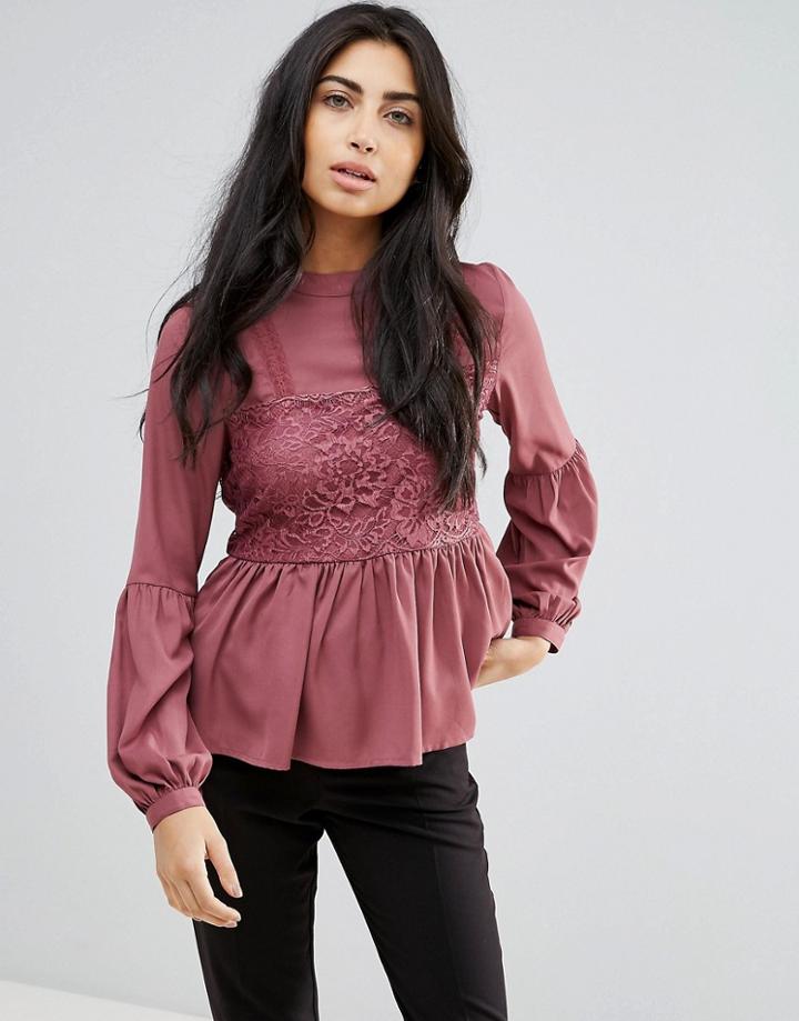 Vila Lace Detail Balloon Sleeve Blouse - Pink