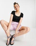 Brave Soul Kelly Button Through Cropped T-shirt In Rib-black
