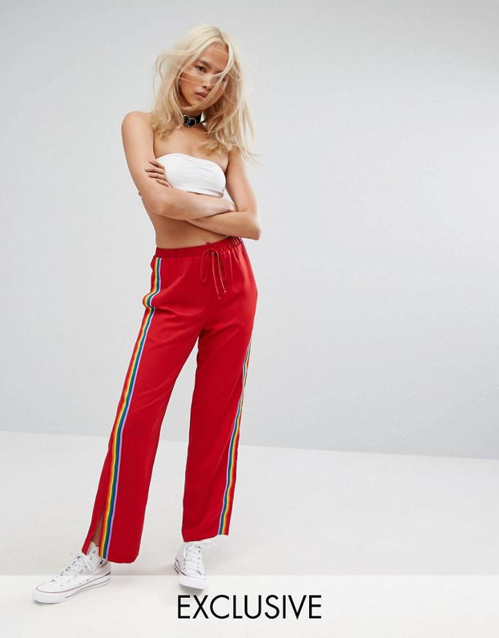 Reclaimed Vintage Inspired Festival Wide Leg Pants With Rainbow Trim - Red