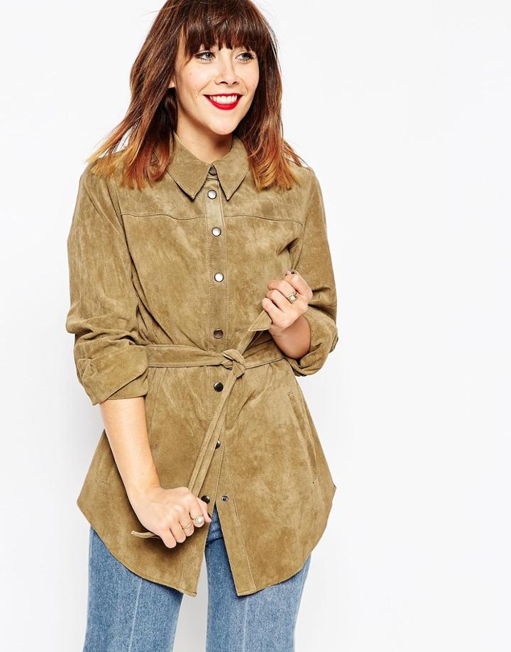 Megan X Asos Tops Suede Belted Shirt - Khaki