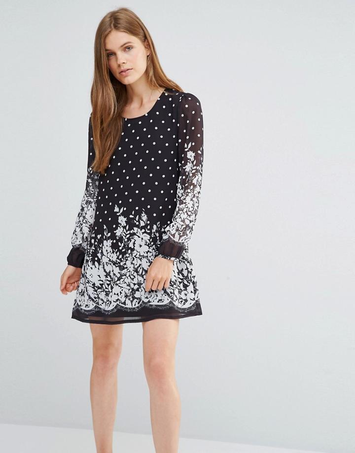 Yumi Shift Dress In Floral & Spotty Print - Black