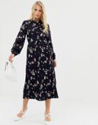 Liquorish Floral Mid Shirt Dress With Pleated Skirt-navy