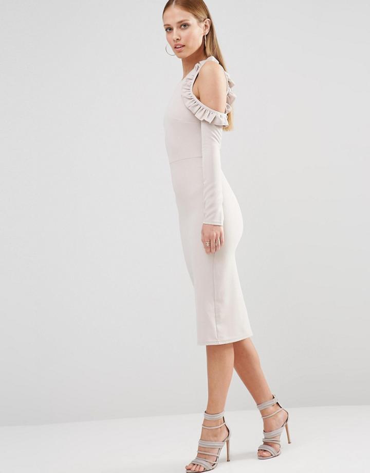Oh My Love Cold Shoulder Midi Dress With Frill Detail - Light Gray