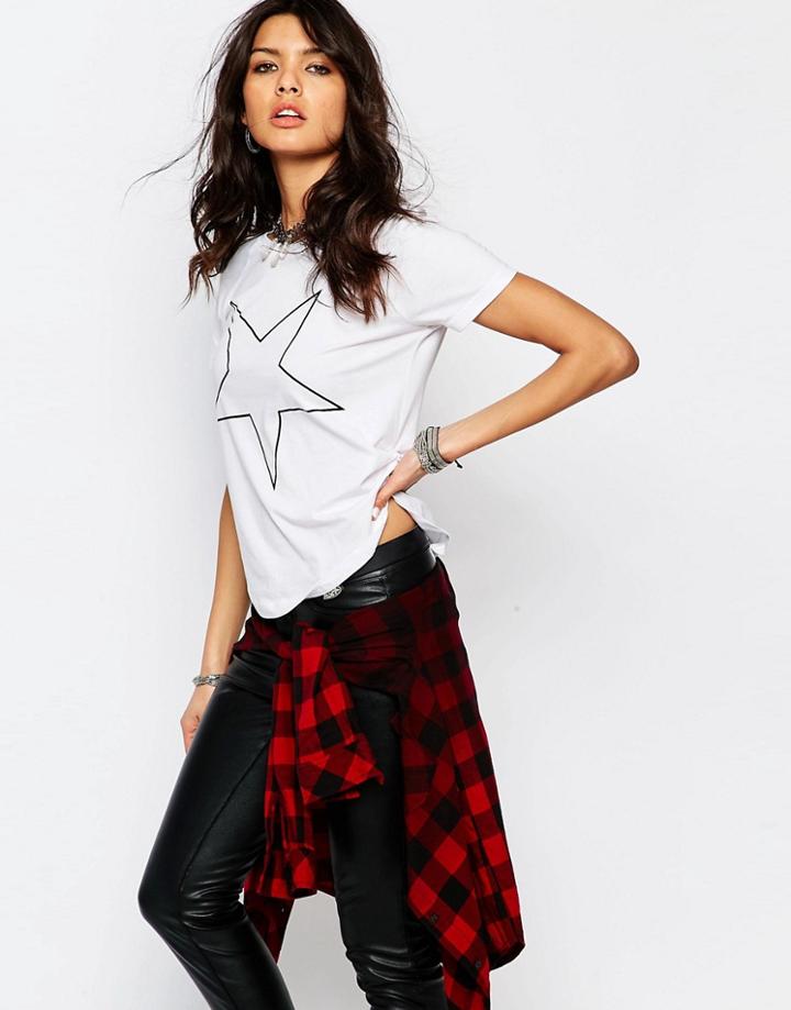Noisy May High Low T-shirt With Star Print - Bright White Black