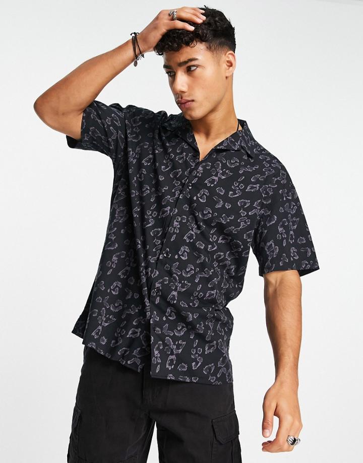 Jack & Jones Originals Revere Collar Shirt In Black Leopard Print