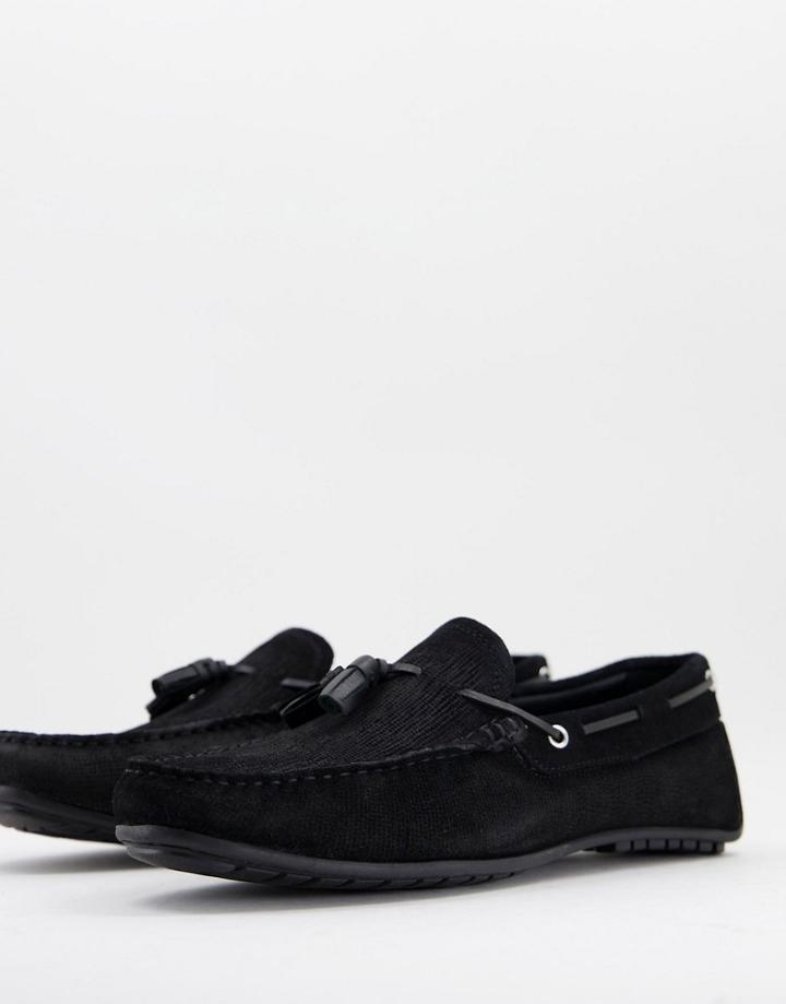 Silver Street Interlace Tassel Driving Shoes In Black Suede