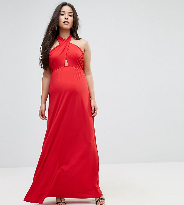 Bluebelle Maternity Maxi Dress With Halter Neck And Cut Out Detail - Red