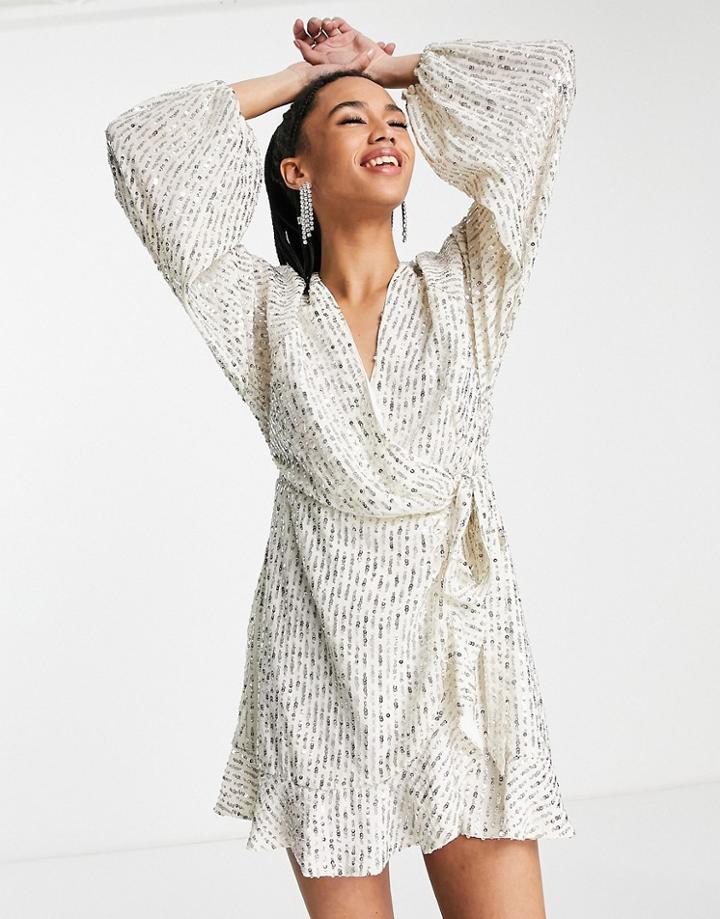 Topshop Sequin Ruffle Wrap Mini Dress In Ivory With Silver Embellishment