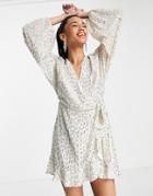 Topshop Sequin Ruffle Wrap Mini Dress In Ivory With Silver Embellishment