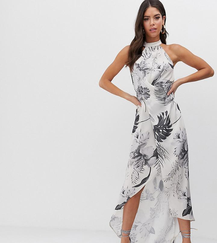 Asos Design Tall High Neck Satin Twill Maxi Dress In Tonal Palm Print-multi
