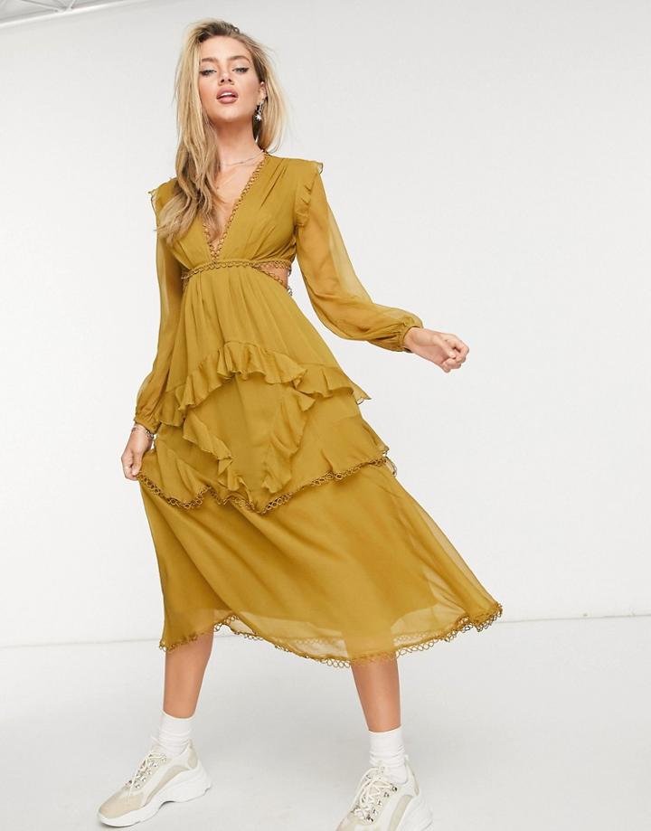 Asos Design Mini Dress With Long Sleeves And Circle Trim-green