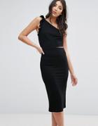 Oh My Love One Shoulder Midi Dress With Frill Detail - Black