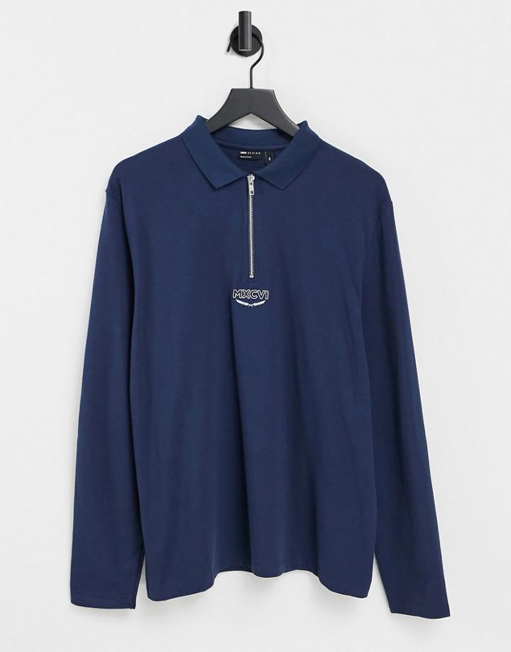 Asos Design Organic Long Sleeve Polo Shirt In Navy With Roman Numeral Embroidery