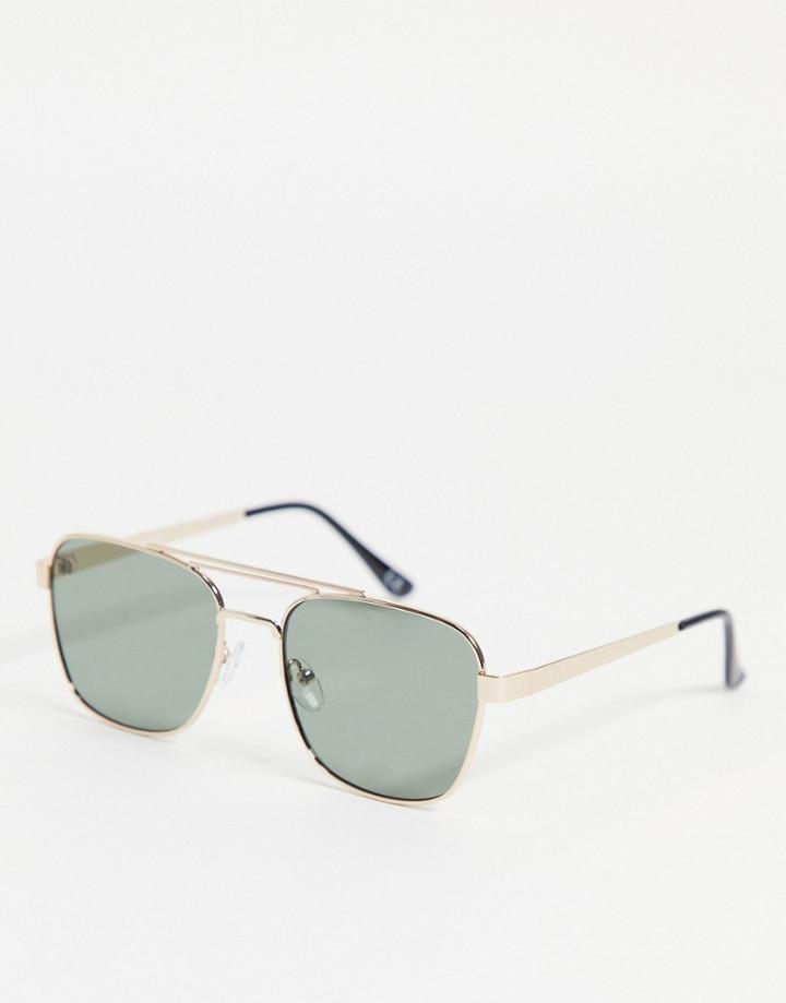 Asos Design 70s Aviator Sunglasses In Gold With Retro Lens And Brow Bar Detail