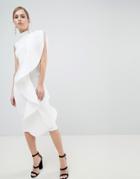 Lavish Alice High Neck Midi Dress With Sculpted Frill Detail - White