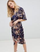 Hope & Ivy Kimono Sleeve Midi Dress With Knot Front Detail In Floral Print - Multi