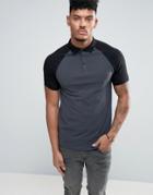 Asos Muscle Polo With Contrast Raglan Sleeves In Gray/black - Black