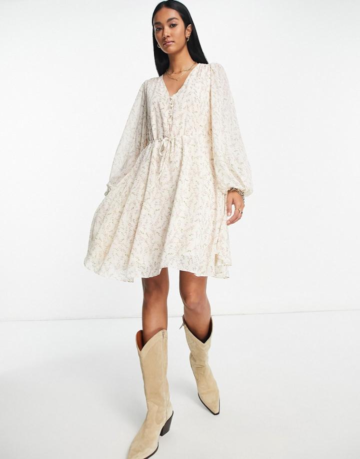 Vila Mini Dress With Volume Sleeves And Button Detail In Pink Floral-white