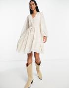 Vila Mini Dress With Volume Sleeves And Button Detail In Pink Floral-white