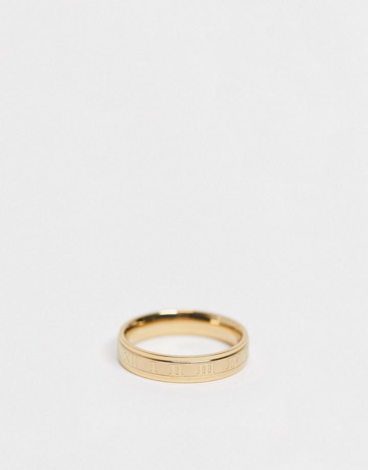 Asos Design Stainless Steel Band Ring With Roman Numerals Design In Gold Tone