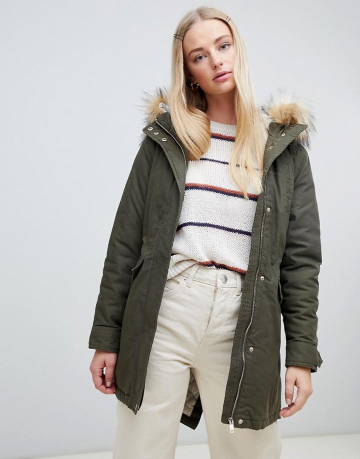 New Look Faux Fur Hood Parka - Green