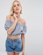 Asos Off Shoulder Crop Top In Gingham - Purple