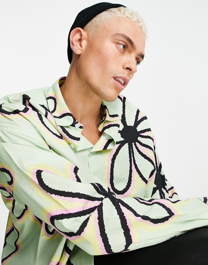 Asos Design Boxy Oversized Shirt In Large Scale Floral-green