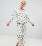 Asos Design Petite Christmas Sprout Traditional Shirt And Pants Pyjama Set In 100% Modal - White