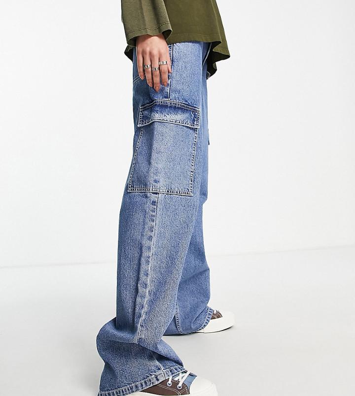 Asos Design Tall Recycled Cotton Blend Low Rise Cargo Jean In Mid Wash Blue