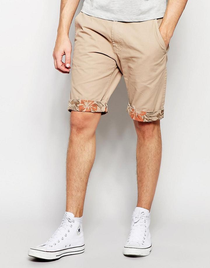 Threadbare Printed Hem Chino Shorts - Beige