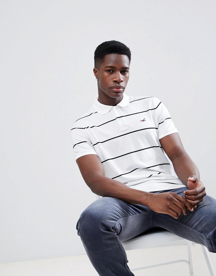 Hollister Fine Stripe Seagull Logo Polo In White - White