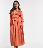 Glamorous Petite Plunge Front Midi Tea Dress In Satin-orange