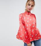 Asos Design Petite Satin Blouse With High Neck And Open Back In Floral Print - Multi