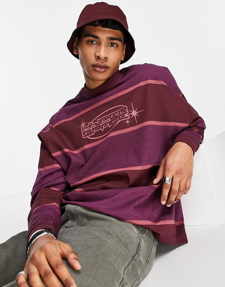 Asos Design Oversized Long Sleeve Stripe T-shirt In Purple With Chest Print