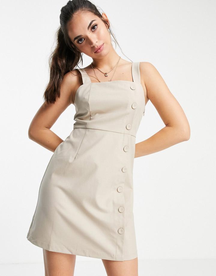 Urban Revivo Button Through Pinafore Dress In Beige-green