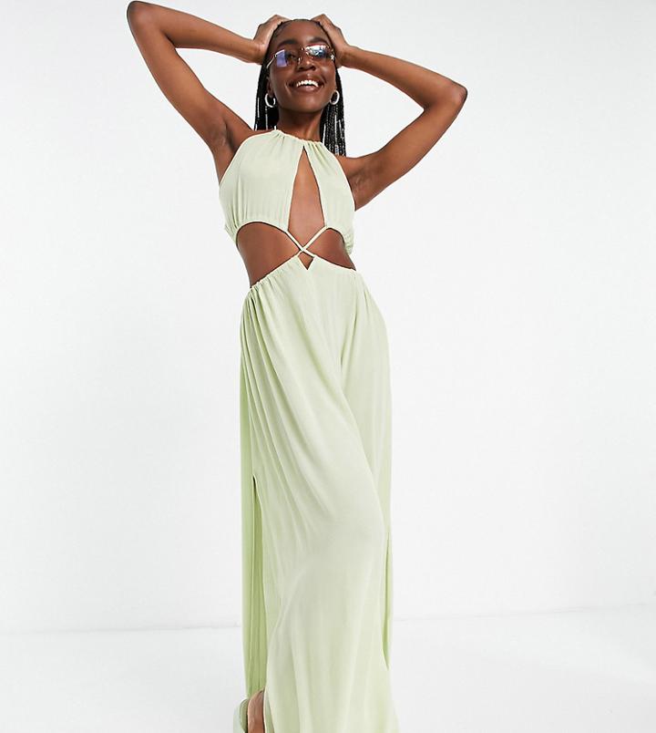 Asos Design Tall Cross Waist Halter Maxi Beach Dress In Khaki-green