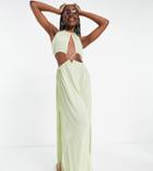 Asos Design Tall Cross Waist Halter Maxi Beach Dress In Khaki-green