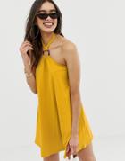 Asos Design Mini Halter Swing Dress With Faux Tortoiseshell Ring Detail-yellow