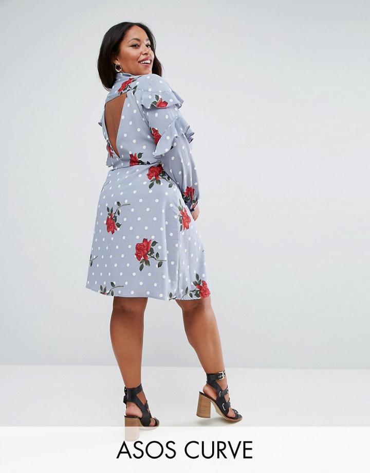 Asos Curve Ruffle Front Shirt Dress With Open Back - Multi