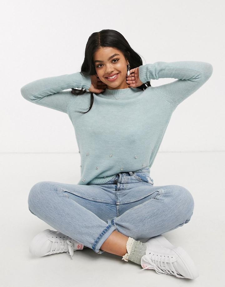 Oasis Fluffy Embellished Sweater In Mint-green