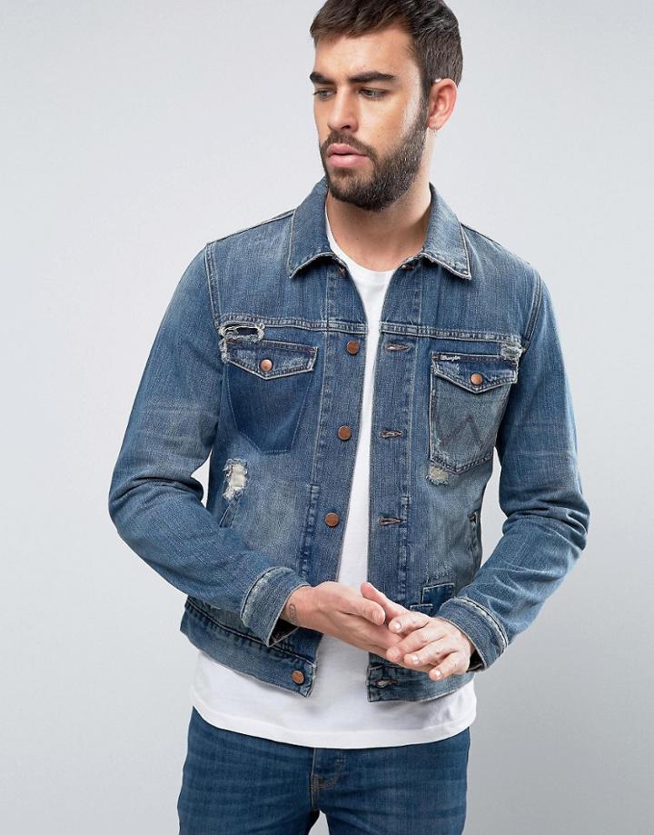 Wrangler Regular Fit Denim Jacket Blue Shadow Rip And Repair - Blue