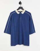 Asos Design Oversized Pique Polo With Half Sleeve In Navy With Cream Trims