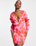 Asos Design Plunge Mini Dress In Pop Pink Leopard-multi