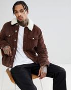 Asos Design Cord Western Jacket With Fleece Collar In Brown - Brown