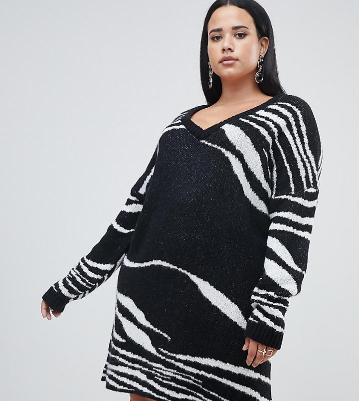 Missguided Plus Exclusive Plus Zebra Stripe Knitted Sweater Dress In Black And White - Multi