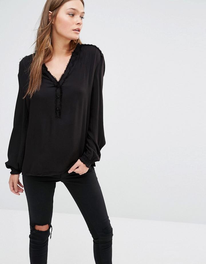 See U Soon Shirt With Raw Edges And Lace Up Shoulder Detail - Black