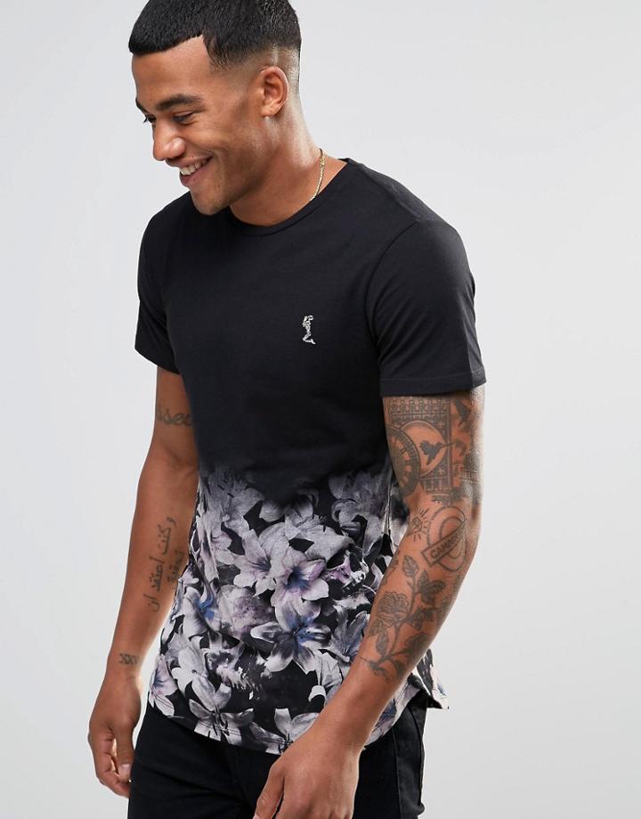 Religion T-shirt With Floral Skull Dip Dye Printed Hem - Black